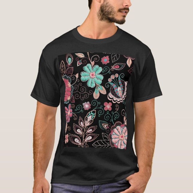 Vintage Floral Embroidery Dark Pattern T-Shirt (Front)