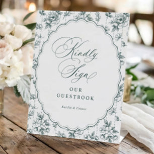 Vintage Floral Emerald Green Guestbook Wedding Pedestal Sign