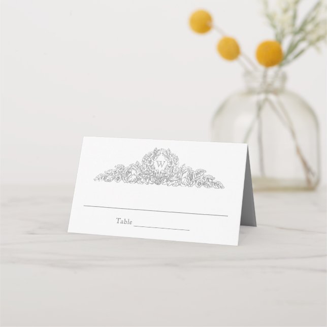 Vintage Floral Etching | Versailles Grey Place Card (Front)