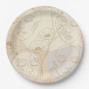 Vintage Floral Face Line Pattern (1) Paper Plate