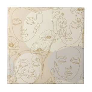Vintage Floral Face Line Pattern (1) Tile