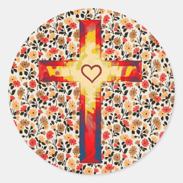 Vintage Floral Faith Cross  Classic Round Sticker (Front)
