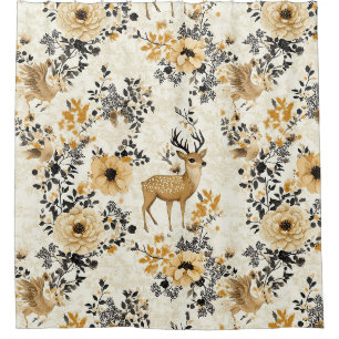 Vintage Floral Fawn Pattern Shower Curtain