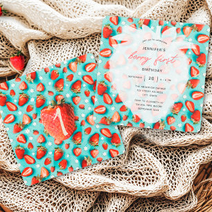 Vintage Floral First Strawberry Theme Birthday Invitation