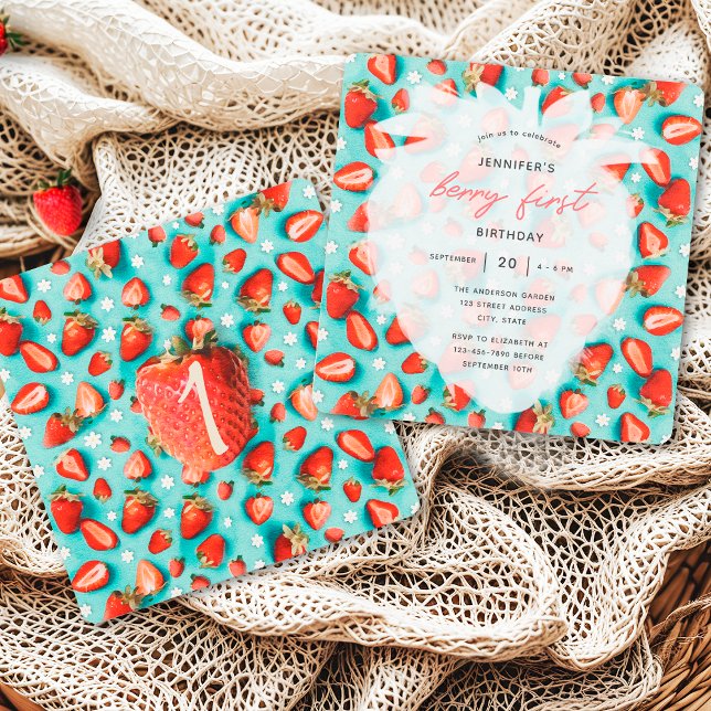 Vintage Floral First Strawberry Theme Birthday Invitation (Creator Uploaded)