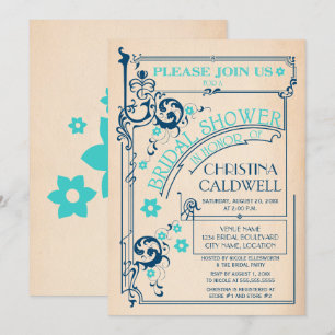 Vintage Floral Flourish Navy Aqua Bridal Shower Invitation