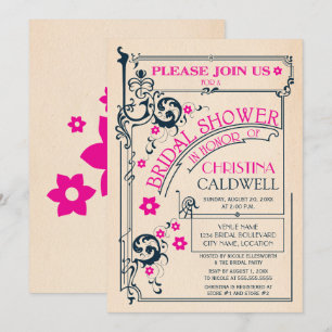 Vintage Floral Flourish Navy Magenta Bridal Shower Invitation
