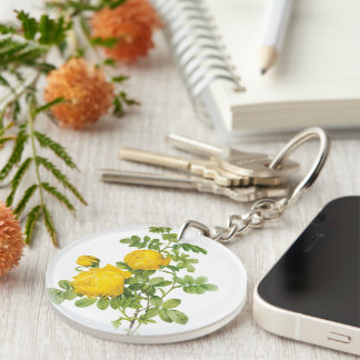 Vintage Floral Flowers, Yellow Roses by Redoute Key Ring