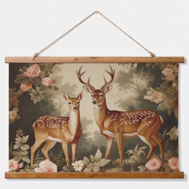Vintage Floral Forest Deer Hanging Tapestry (Front)