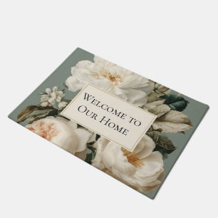Vintage Floral Frame with Cream and Pink Roses Doormat