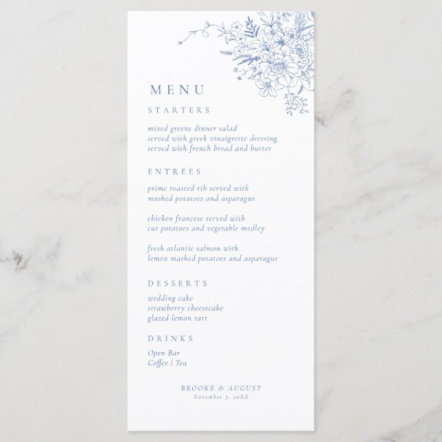 Vintage Floral French Blue Wedding Menu (Front)