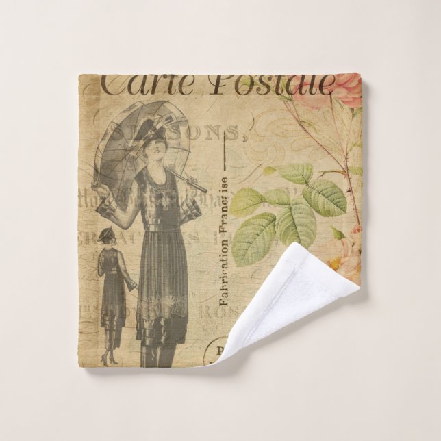 Vintage floral French postcard of woman of fashion Wash Cloth (Wash Cloth)