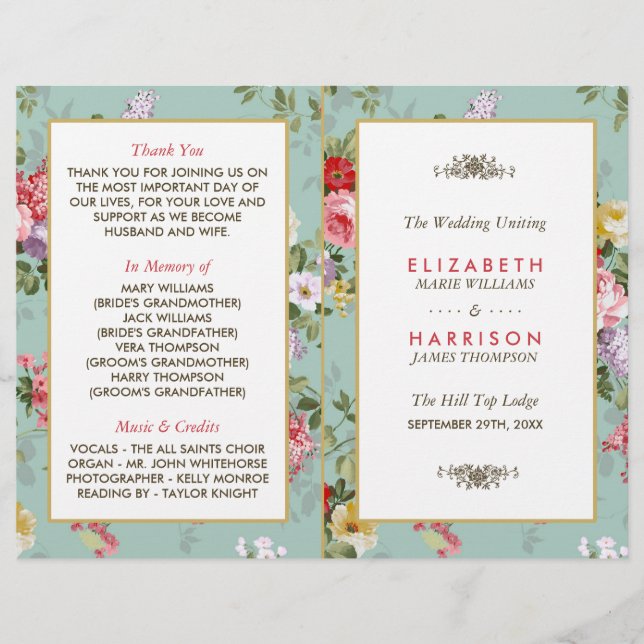 Vintage Floral Garden Botanical Wedding Program (Front)