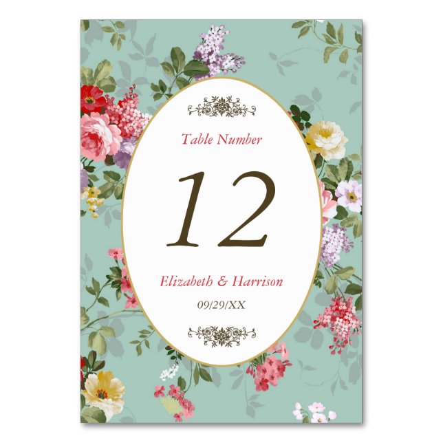 Vintage Floral Garden Botanical Wedding Table Number (Front)