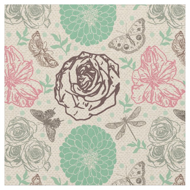 Vintage Floral Garden Pattern Fabric (Close Up)