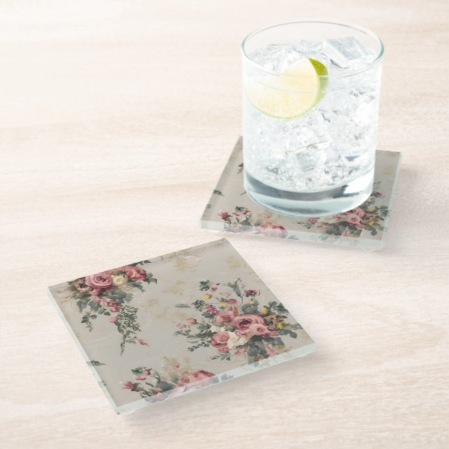 Vintage Floral Glass Coaster (Angled)