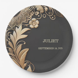 Vintage Floral Gold Foil Embossed Bridal Shower Paper Plate