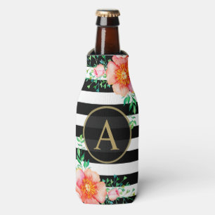 Vintage Floral Gold Monogram Black White Striped Bottle Cooler
