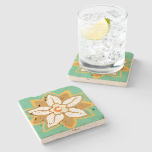 Vintage Floral green and yellow Jonquil pattern Stone Coaster