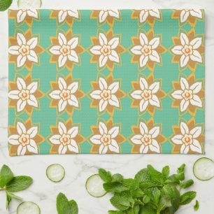 Vintage Floral green and yellow Jonquil pattern Tea Towel