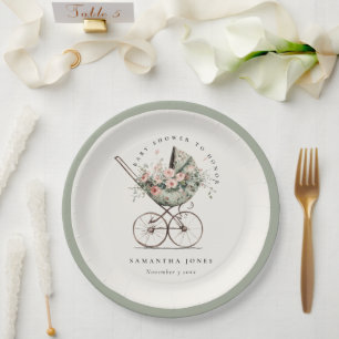 Vintage Floral Green Blush Stroller Baby Shower Paper Plate