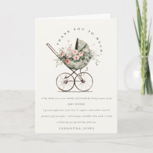 Vintage Floral Green Blush Stroller Baby Shower Thank You Card