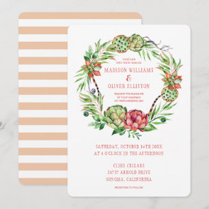 Vintage Floral Green & Pink Succulent Wedding Invitation