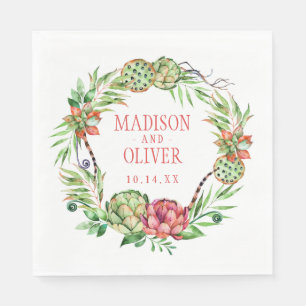 Vintage Floral Green & Pink Succulent   Wedding Napkin