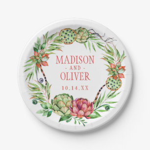 Vintage Floral Green & Pink Succulent   Wedding Paper Plate