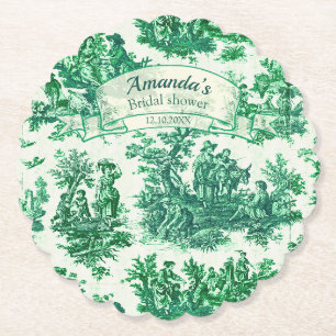 Vintage floral green toile jouy Bridal shower, Paper Coaster