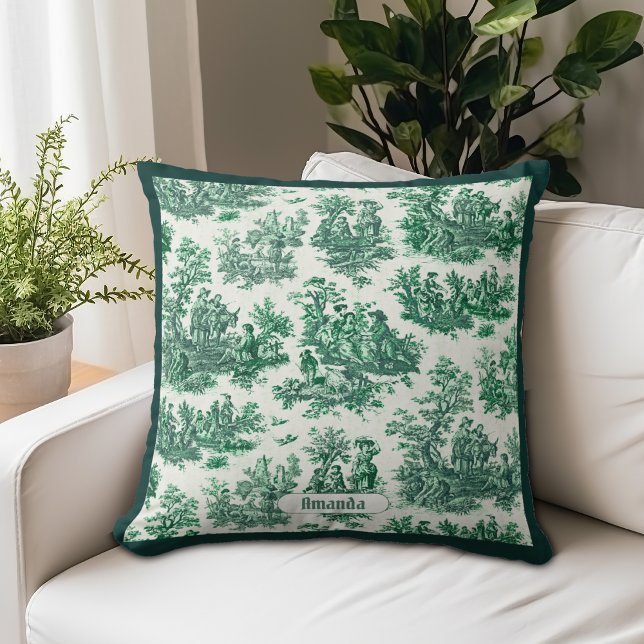 Vintage floral green toile jouy monogram cushion (Creator Uploaded)