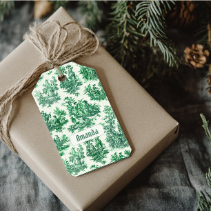 Vintage floral green toile jouy monogram gift tags