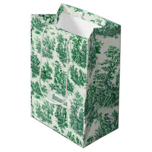 Vintage floral green toile jouy monogram medium gift bag
