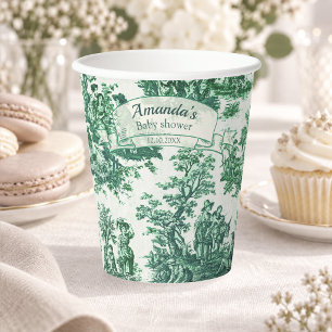 Vintage floral green toile jouy monogram paper cups