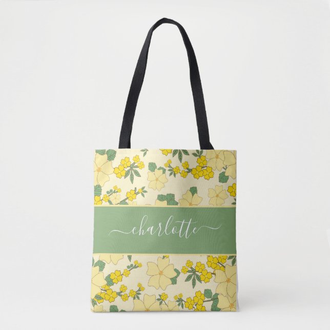 Vintage Floral Green Yellow Botanical Tote Bag (Front)
