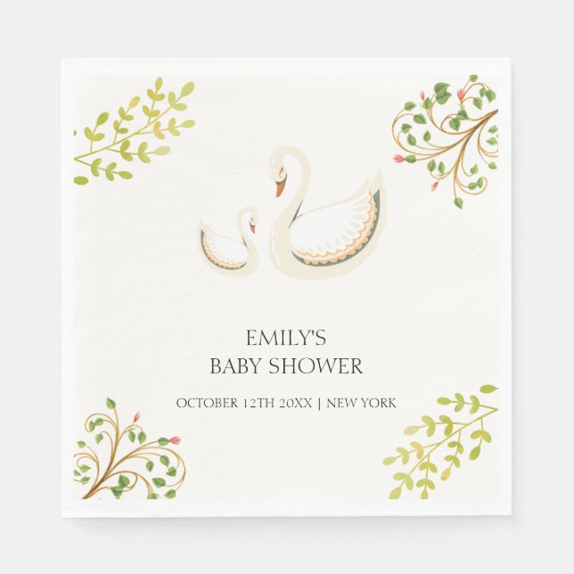 Vintage Floral Greenery Swan Baby Shower  Napkin (Front)