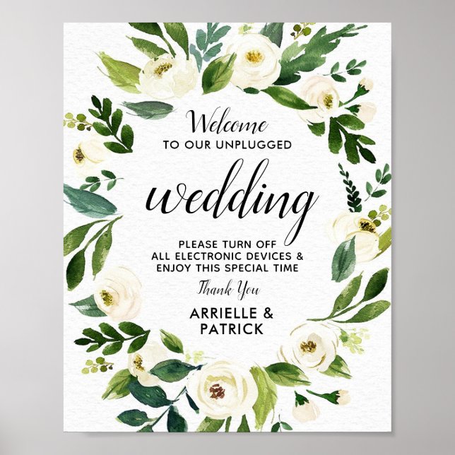 Vintage Floral Greenery Unplugged Wedding Sign (Front)