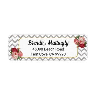 Vintage Floral Grey Chevrons Roses Return Address