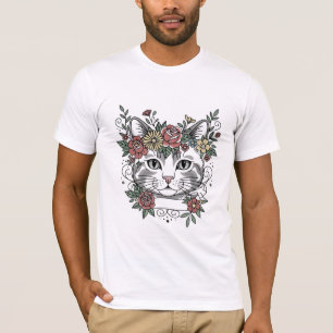 Vintage Floral Grey Tabby Cat Botanical Art T-Shirt