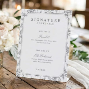 Vintage Floral Grey Toile Signature Drinks Wedding Pedestal Sign