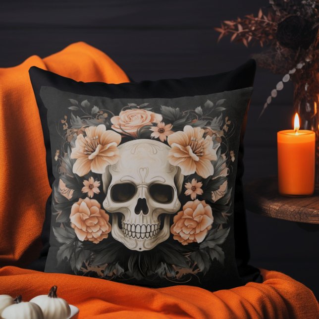 Vintage Floral Halloween Skull Cushion (Elegant Vintage Halloween Throw Pillow)