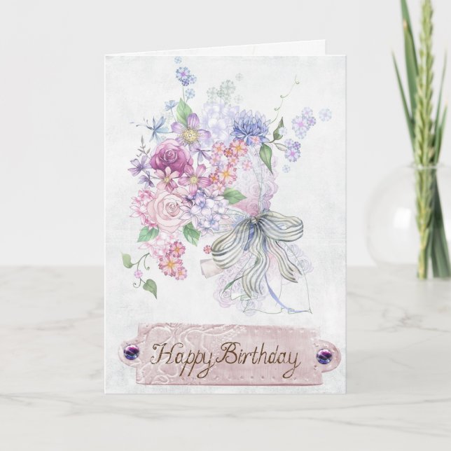 Vintage Floral Happy Birthday Wishes Card (Front)