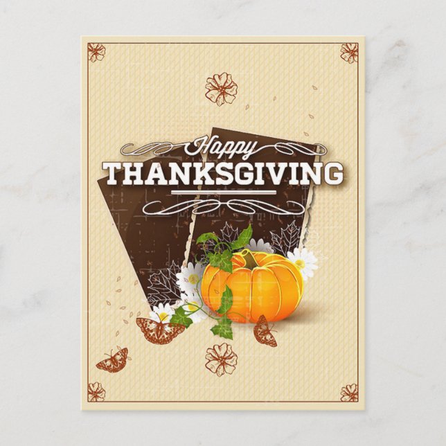 Vintage Floral Happy Thanksgiving Pumpkin Autumn Postcard (Front)