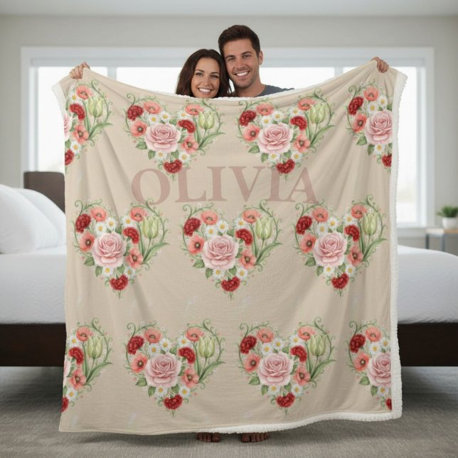 Vintage Floral Heart Personalized Name Sherpa Blanket (Creator Uploaded)