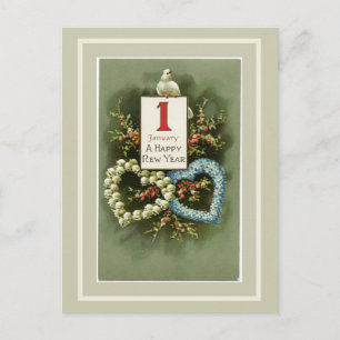 Vintage Floral Hearts and Dove Happy New Year Holiday Postcard