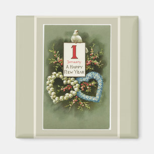 Vintage Floral Hearts and Dove Happy New Year Magnet