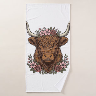 Vintage Floral Highland Cow Vector Shirt Design_1 Bath Towel