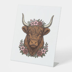 Vintage Floral Highland Cow Vector Shirt Design_1 Pedestal Sign