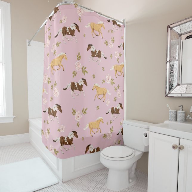 Vintage Floral Horse Pattern Shower Curtain (In Situ)