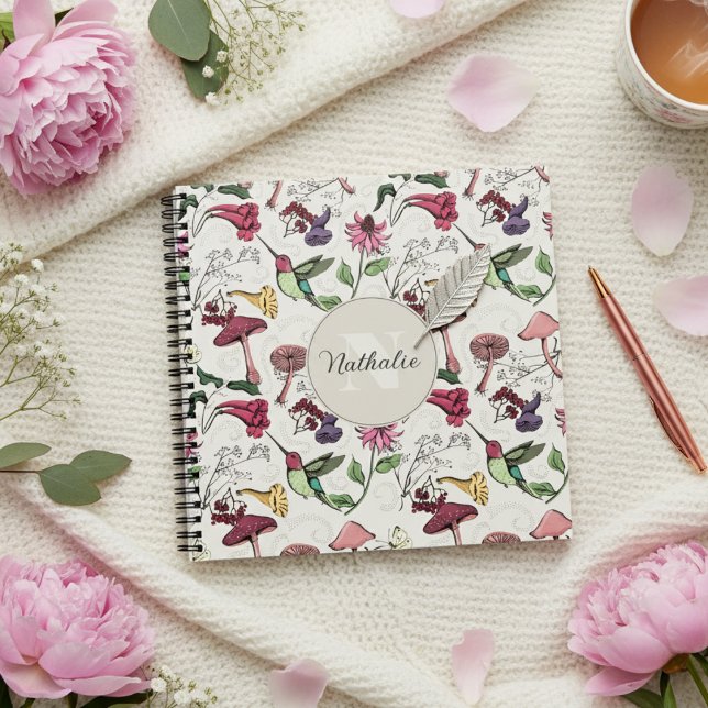 Vintage Floral Hummingbird Pattern Ivory Notebook (Pretty Colibri & Flowers Ivory Pattern.Feminine Monogram Square Hummingbird Garden Notebook for Her)